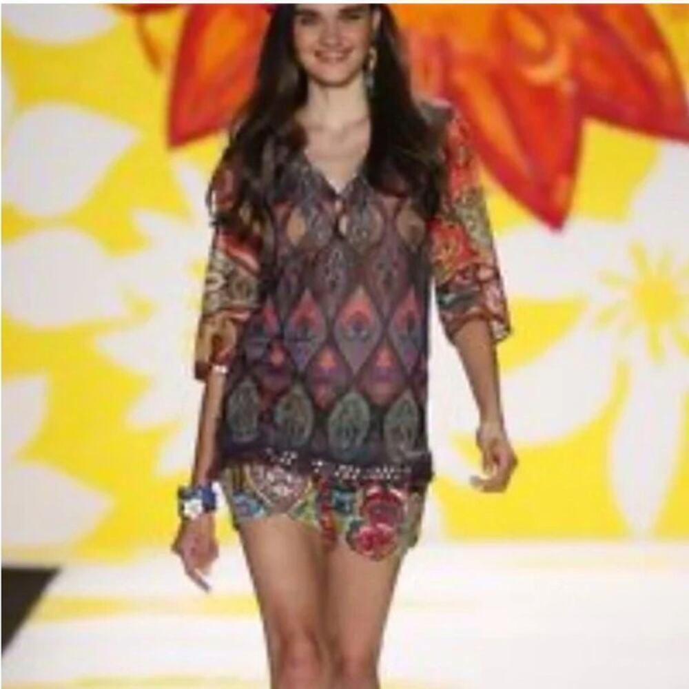 Desigual Rugos Embroidered Geometric Sheer Chiffon Kaftan Blouse Multi Women's M - Picture 2 of 9
